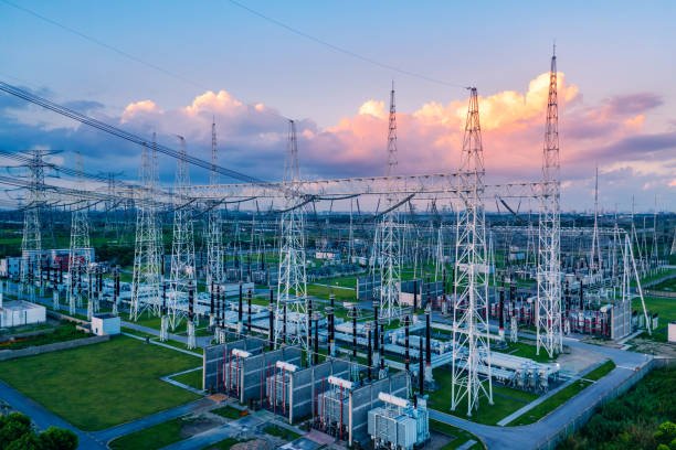 Aerial view of a high voltage substation.Industrial power tower background